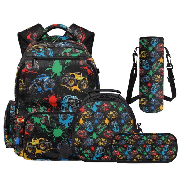 Aplkyhs Colorful Tractor 4 Piece Kids Backpack Set with Lunch Box Pencil Case Kids Backpack for Girls 8-10 and Water Bottle Cover for Teens Elementary Middle School
