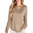thumbnail image 3 of Womens Tops Waffle Knit Long Sleeve Notched V Neck Shirts Casual Trendy Solid Color Loose Blouses Camel XXL, 3 of 7