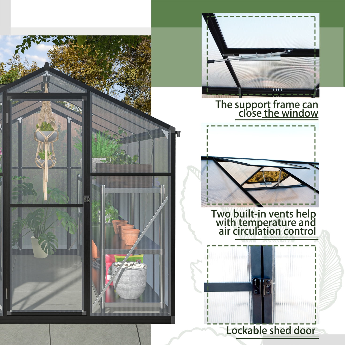 6x8 FT Walk-in Greenhouse with Aluminum Frame, UV-resistant Polycarbonate Greenhouse with Ventilation, for Garden,  Yard, Black