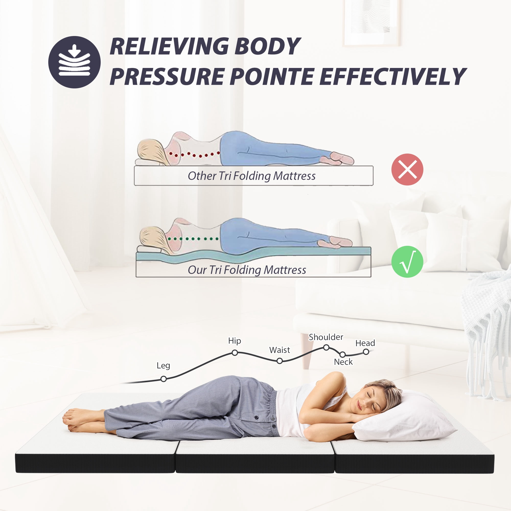 YRLLENSDAN 4" Trifold Memory Foam Mattress, Foldable Mattress Full Size Folding Mattress Foldable Bed Trifold Mattress with Washable Cover Easy Storage Fold Up Mattress for Floor Camping Guest