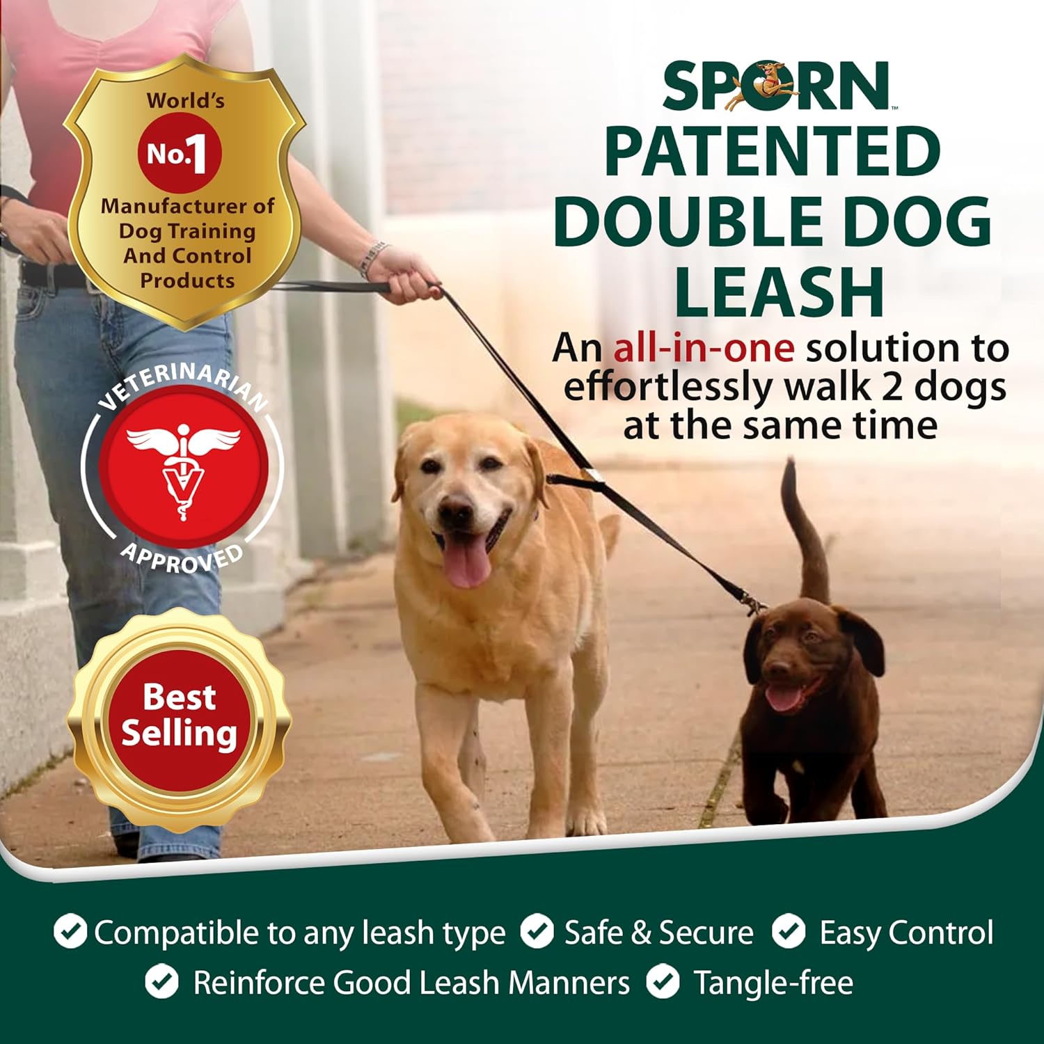 Sporn Double Dog Leash Fully Adjustable for Medium / Large Dogs Black