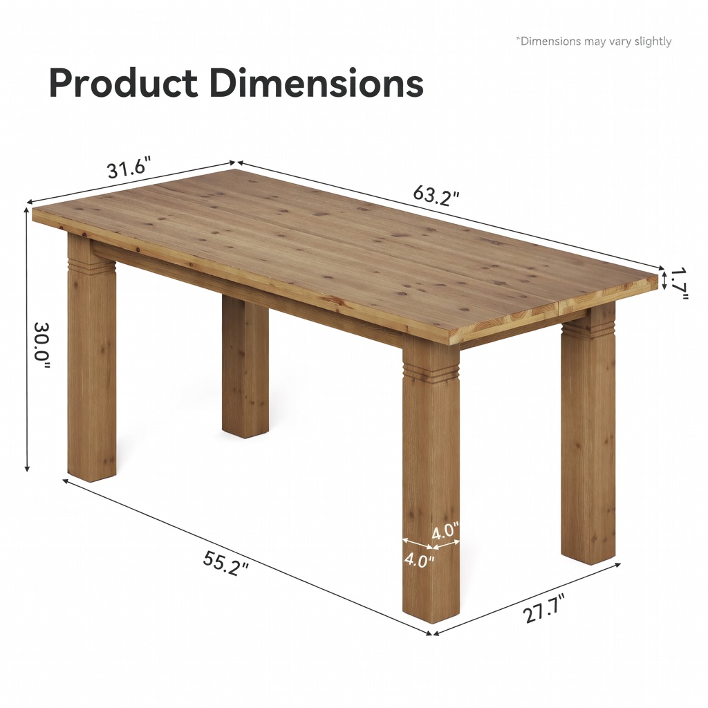 Hommoo 63 Inch Solid Wood Farmhouse Dining Table for 4-6 People, Rectangular Kitchen Table with Sturdy Square Legs, Scratch-Resistant Surface, Rustic Brown