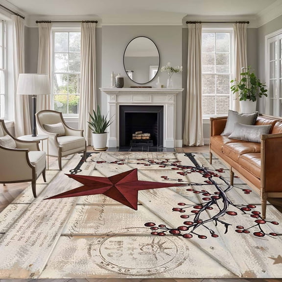 Area Rug for Living Room, Texas Star Vintage Non-Slip Indoor Ex Large Carpet for Bedroom/Dining Room, Red Retro Berry Beige Wooden Washable Low-Profile Rectangle Floor Runner Rugs - 8 x 10 Ft