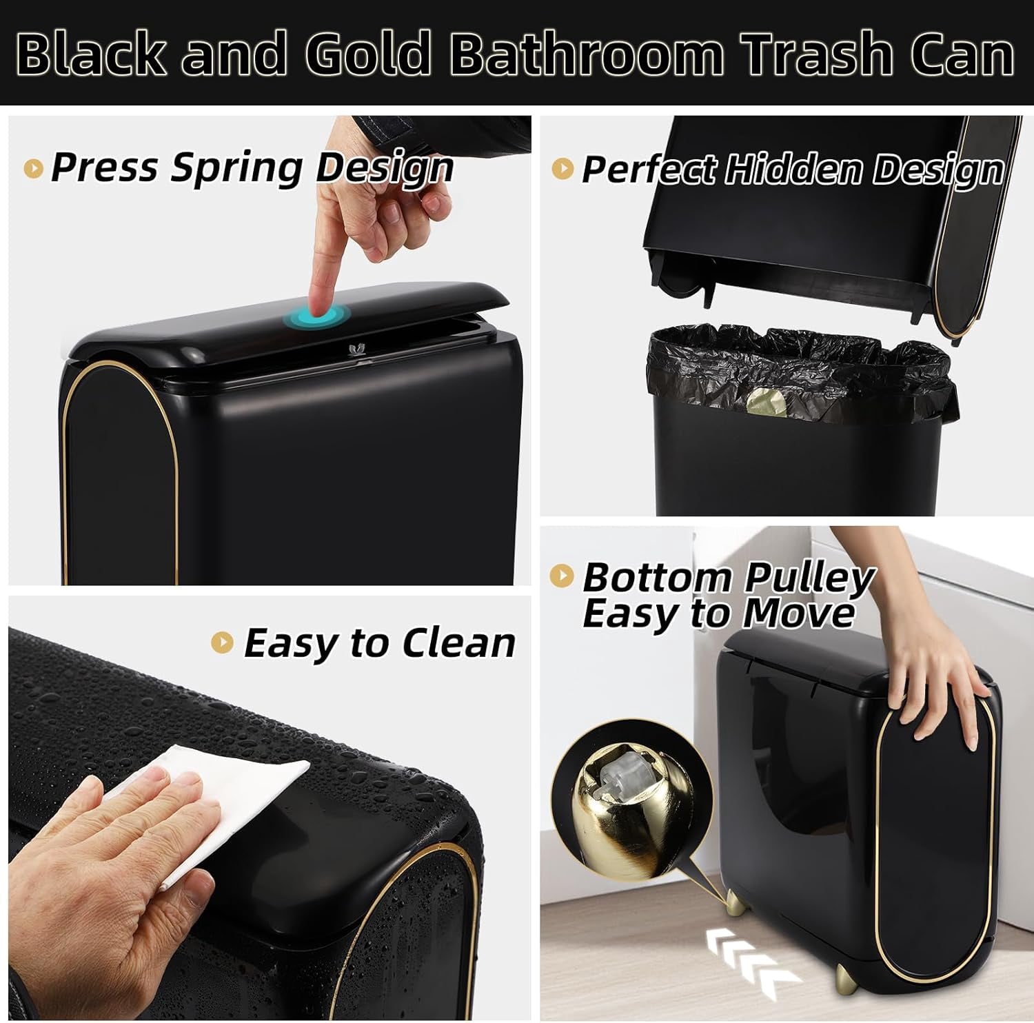 Black Bathroom Accessories 9 Piece Black and Gold Bathroom Set with Slim Trash Can,Soap Dispenser,Toilet Brush,Toothbrush Set, Qtip Holders for Housewarming