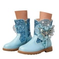 thumbnail image 3 of Ticikt Girls Glitter Cowboy Boots, Butterfly Pearl Lace Bow Side Zipper Fashion Mid Calf Kids Boots,Blue, 3 of 8