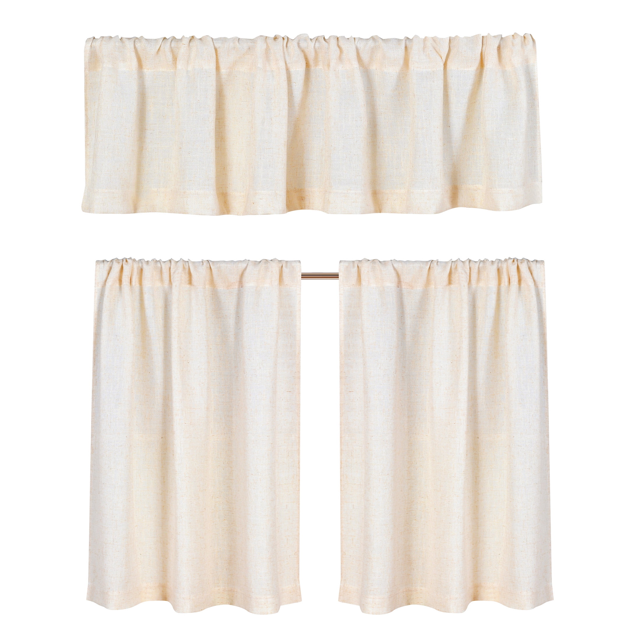 Better Homes & Gardens Linen Blend Light Filtering Rod Pocket Kitchen Curtain Tiers and Valance, Set of 3, Vanilla Dream, 60 W x 36 L