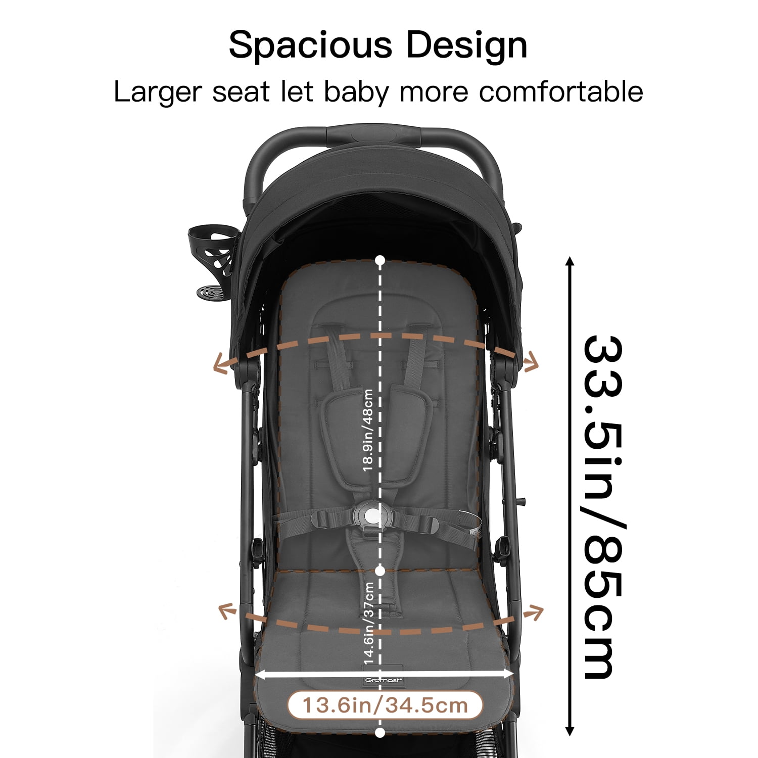Gromast Compact Fold Baby Stroller, Lightweight Travel Toddler Stroller with One-Click Fold, Extendable UPF50+ Canopy, Cup Holder, UV Protected and Waterproof, One-Hand Folding - Black