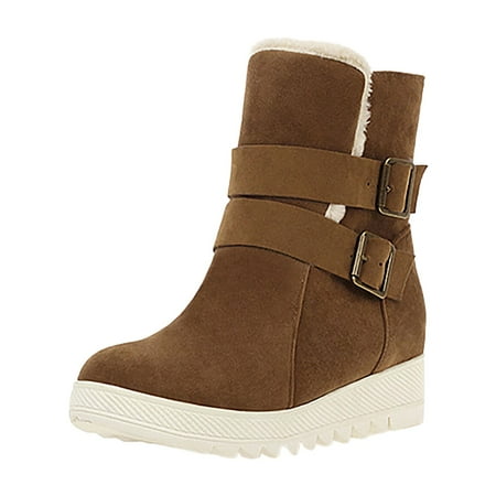 

GHSOHS Large Size Platform Boots for Women Winter Warm Thickened Snow Boots Comfort Buckle Flat Slope Heel Thick Sole Cotton Booties (37 Brown)