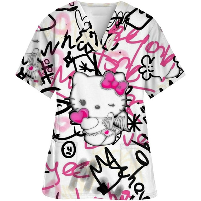 Uniforme d'Infirmière Kawaii, Hauts de Blouses Médicales pour Femmes, Imprimé Hello Kitty, Manches Courtes, Poches