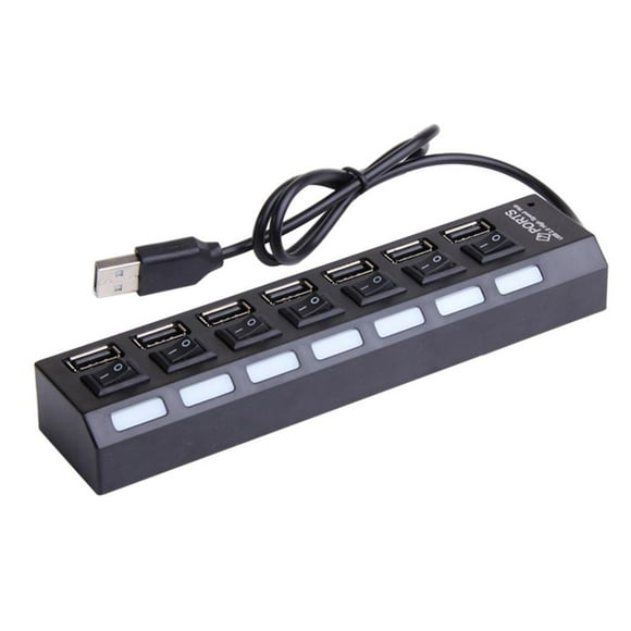 Divisor USB de 7 puertos de alta velocidad con encendido y apagado para PC, divisor múltiple de expansión de 100 cm negro