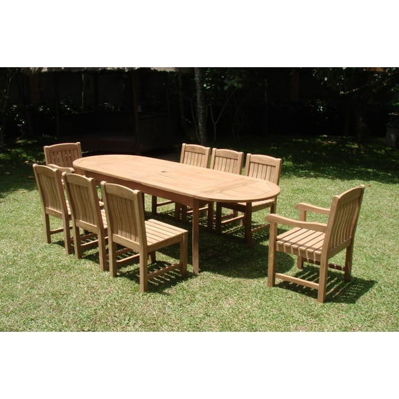 Teak Dining Set:8 Seater 9 Pc - 94" Double Extension Oval Table, 6 Armless and 2 Arm / Captain Devon Chairs Outdoor Patio Grade-A Teak Wood WholesaleTeak #WMDSDV4