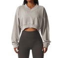 thumbnail image 1 of Sudadera recortada para mujer, jersey, puños acanalados, cuello en V, hombros caídos, color puro, Top corto de manga larga para deportes, gris S, 1 of 6