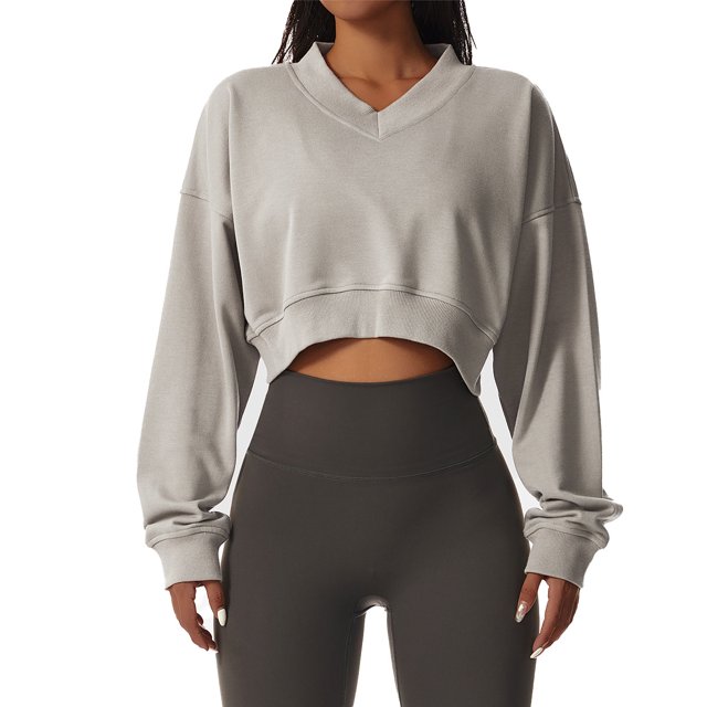 Sudadera recortada para mujer, jersey, puños acanalados, cuello en V, hombros caídos, color puro, Top corto de manga larga para deportes, gris S