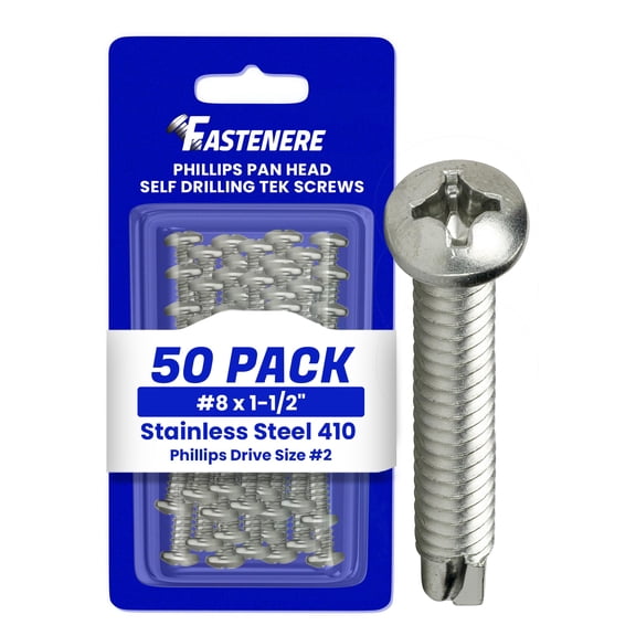 Fastenere Pan Head Self Drilling Tek Screws - #8 x 1-1/2" (50 Pack) Stainless Steel 410, Full Thread, Bright Plain Finish, Corrosion-Resistant, Self-Drilling, Install w/ Phillips Drive Size #2
