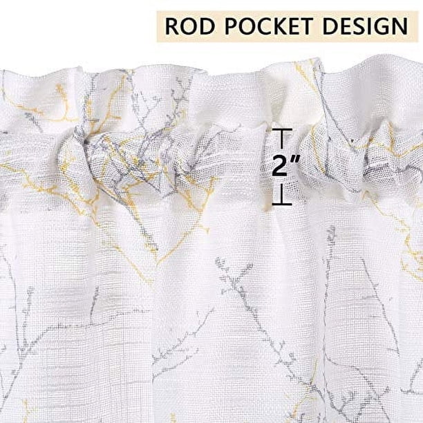 Cortinas de media ventana para cocina, diseño natural, ramas de árbol, estilo cafetería, lino rústico, textura floral, juego de 2, para baño, 68 cm de ancho x 61 cm de largo, amarillo/gris (juego de
