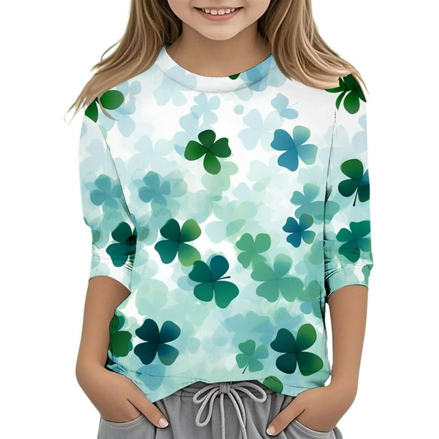 GPOECD T-Shirts Filles St Day Graphique à la Mode Polyvalent Col Rond Manches 3/4 Décontracté pour Enfants Hauts Mignons pour Filles Vert,120