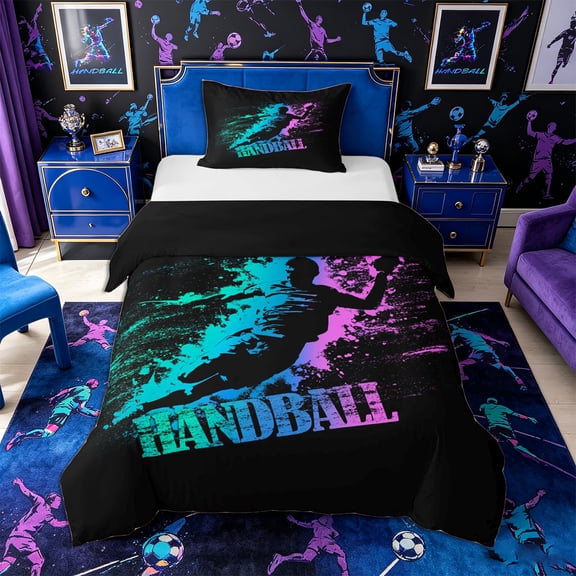 Castle Fairy Sport Handball Twin Duvet Cover, Gradient Graffiti Splash Twin Bedding, Black Teal Pink,Black Reversible,2pcs,1 Duvet Cover and 1 Pillowcase