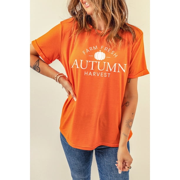 ABPHQTO Camiseta de manga corta naranja FARM FRESH AUTUMN Harvest para mujer