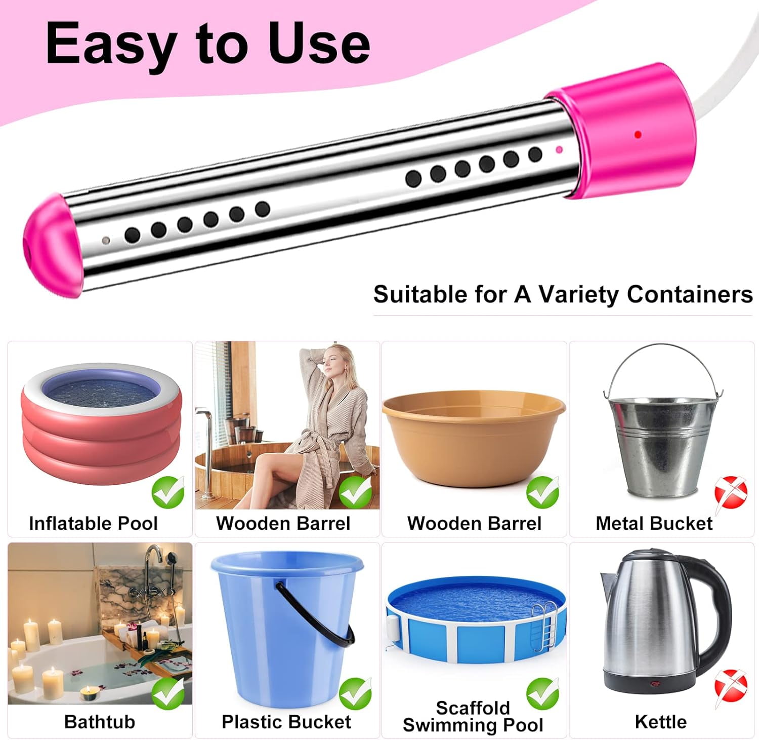 DICEEVIL Immersion Water Heater, 2000W Portable Bucket Heater with Timer Digital Thermometer Stainless-Steel Portable Submersible Water Heater for Inflatable Pool Bathtub, Basin, Pink