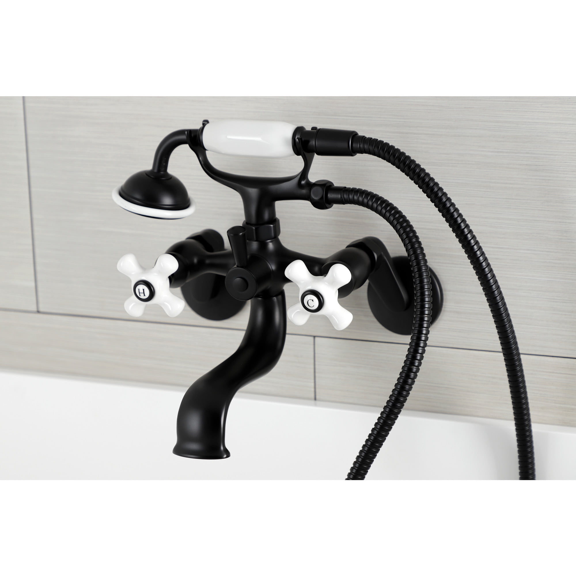 Kingston Brass KS226PXMB Kingston Three-Handle 2-Hole Wall Mount Clawfoot Tub Faucet with Hand Shower in Matte Black