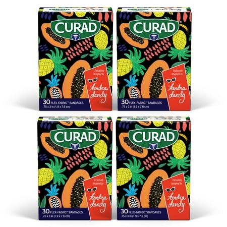 4 Pack - Curad Kendra Dandy Flex-Fabric Adhesive Bandages, Pineapples & Papayas - Standard Strip, 30 Ct 1 ea