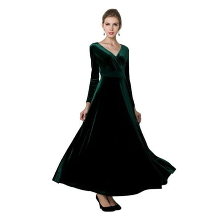 Fashion Women Dress Long Sleeve V Neck Gold Velvet Ankle Length