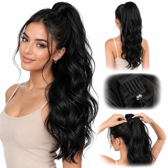Rongsi Ponytail Extension 26 Inch Drawstring Ponytail Extension for Women Long Wavy Hair Extensions for Daily Use