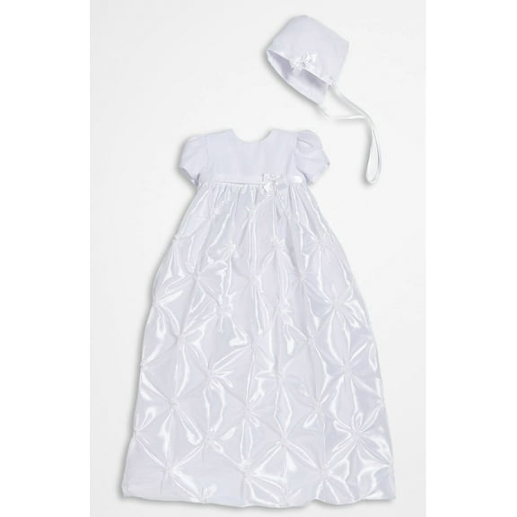 Little Things Mean A Lot Girls White Polyester Taffeta Christening Baptism Gown with Rosettes and a Bonnet (Baby)