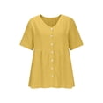 thumbnail image 6 of Women's Blouses Breathable Casual Cotton Linen Tops Crew Neck Short Sleeve Button Down Tee Summer Shirts Yellow L, 6 of 8