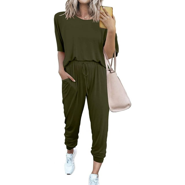 Women’s Two Piece Outfit Short Sleeve Pullover With Drawstring Long Pants Tracksuit Jogger Set