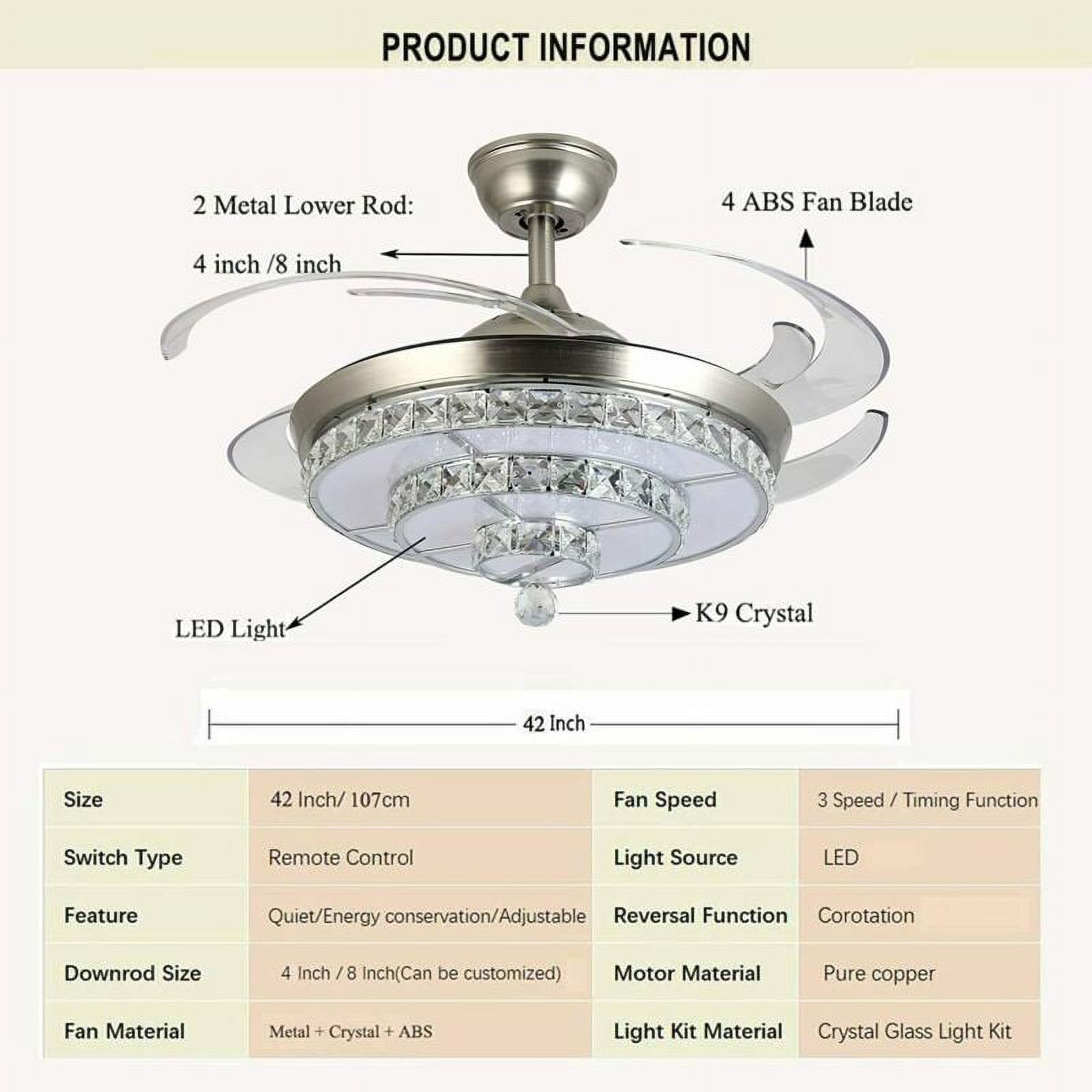 EAYSG 42'' Crystal Ceiling Fans with Lights,3 Color Remote Control Retractable Invisible Blades 3 Speeds Indoor Ceiling Light  with Fan