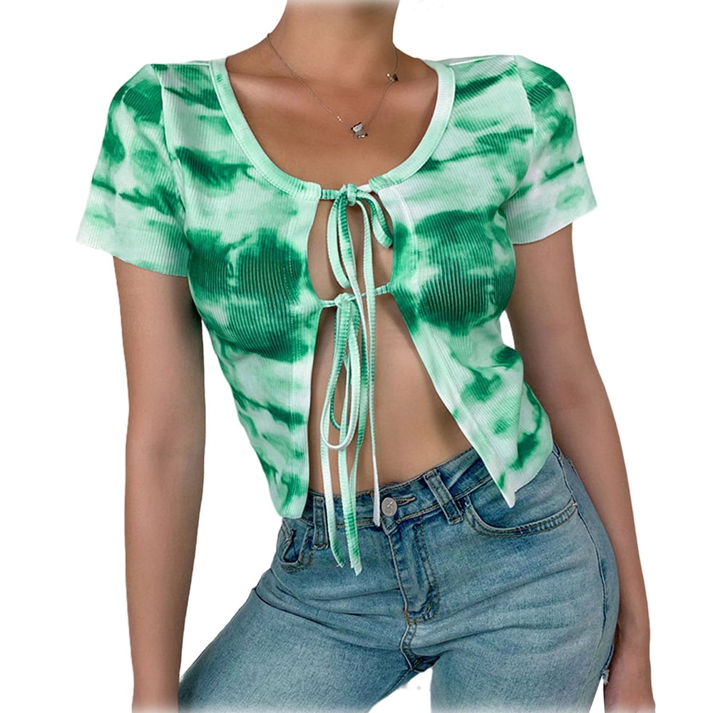 front knot crop top short sleeve