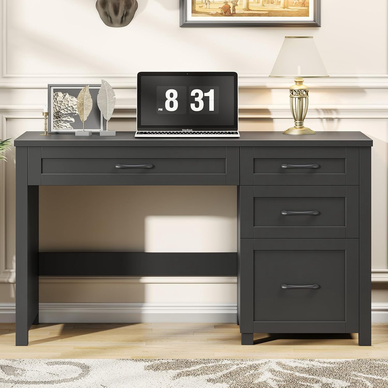 Conate 47" Executive Desk with File Cabinet and Drawers, Home Office Desk with Charging Station and Large Drawer, Workstation Table for Study