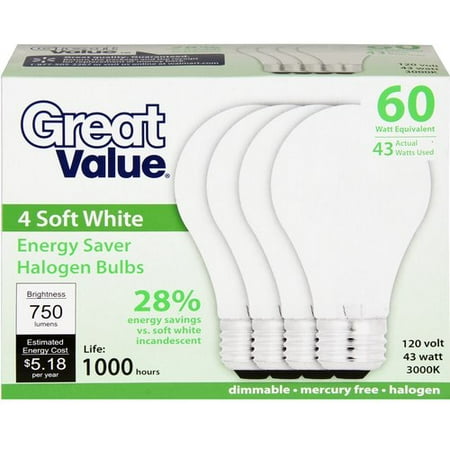 Great Value 43W Halogen Bulb, 4-Pack