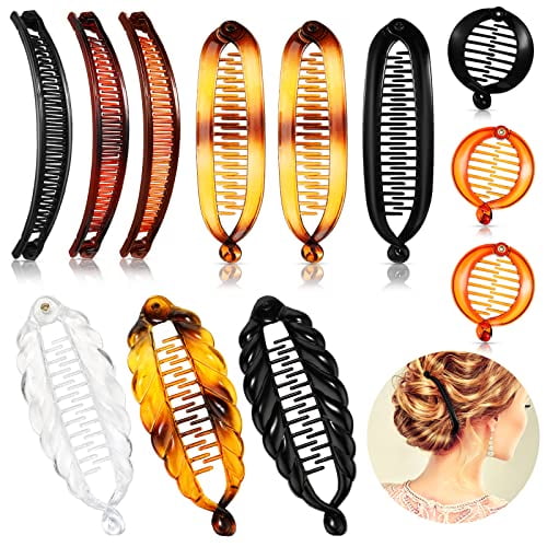 12 Pcs Banana Hair Clips for Women Classic Clincher Double Combs Large Fishtail Hair Clip Banana Ponytail Holder,4 Styles(Multi-colored)