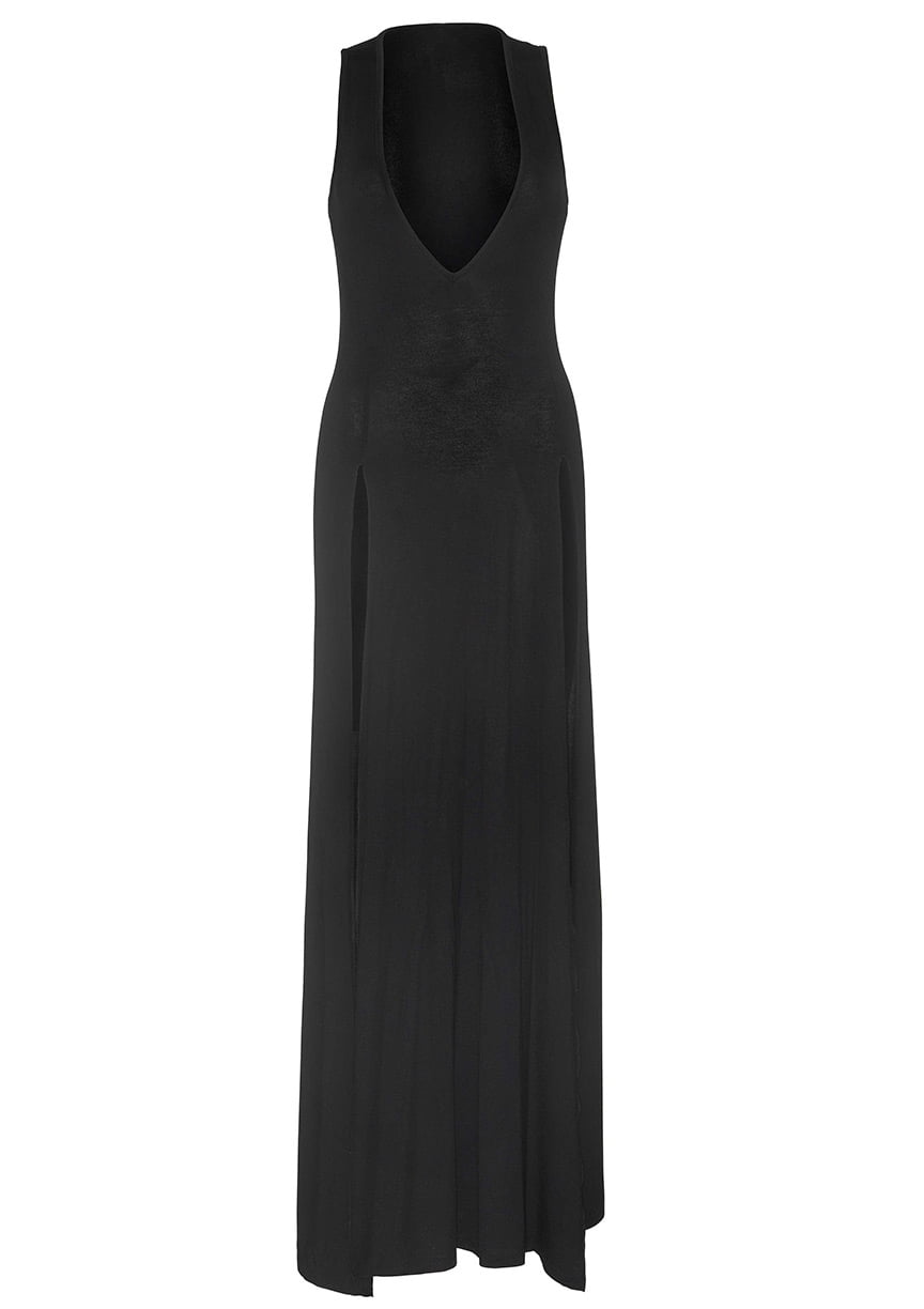 Women's Deep-V Dual Slit Jersey Maxi Long Nightgown Dress, Black, Small -  Walmart.com