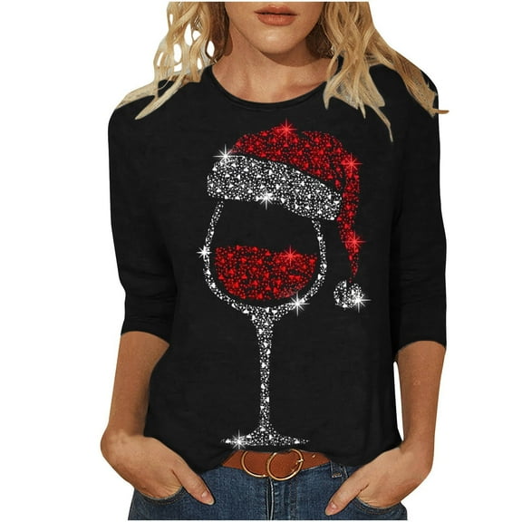 GA WEIHUA Clearance,Women'S 3/4 Sleeve Blouse Shirts Trendy Casual Crewneck Shirts Funny Red Wine Glass Graphic Basic Tees Tops crop tees for women(Black,Medium)
