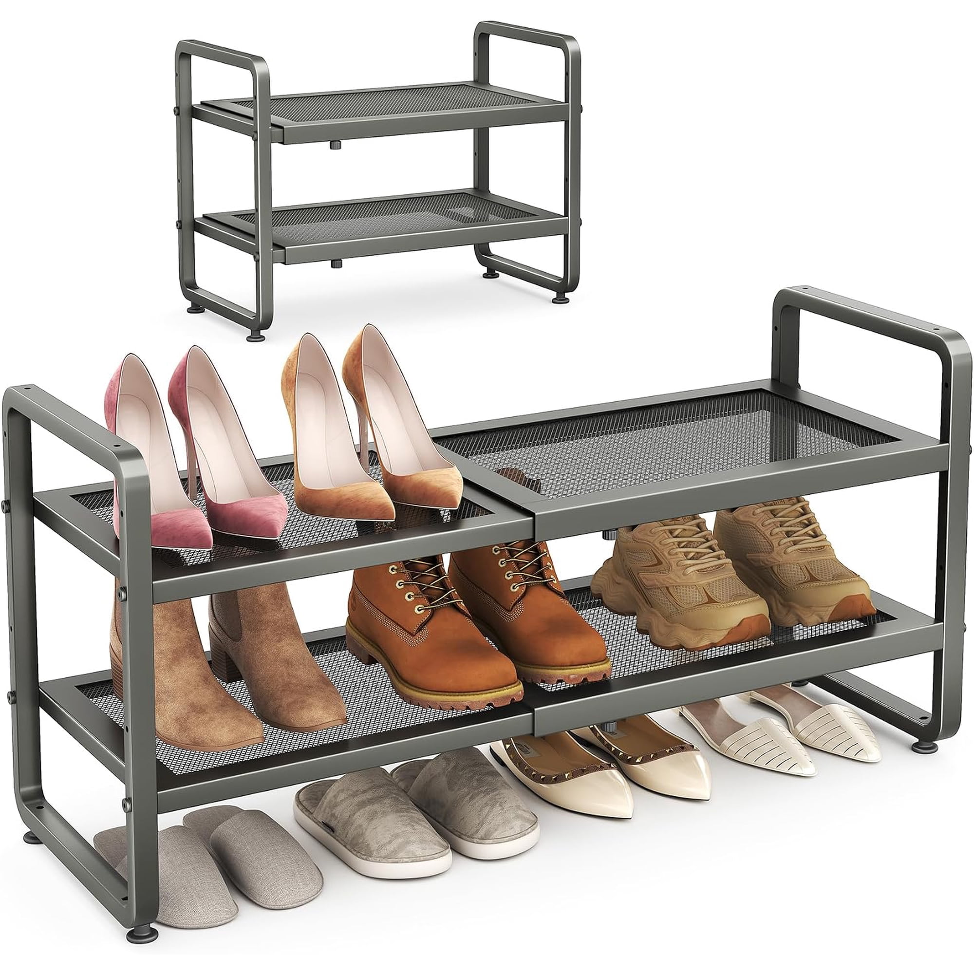 2-Tier Expandable Shoe Rack for Closet Adjustable Metal Organizer with Sturdy Mesh Shelves for Boots & Heels Stackable Storage for Entryway & Small Spaces (Grey 2-Tier)
