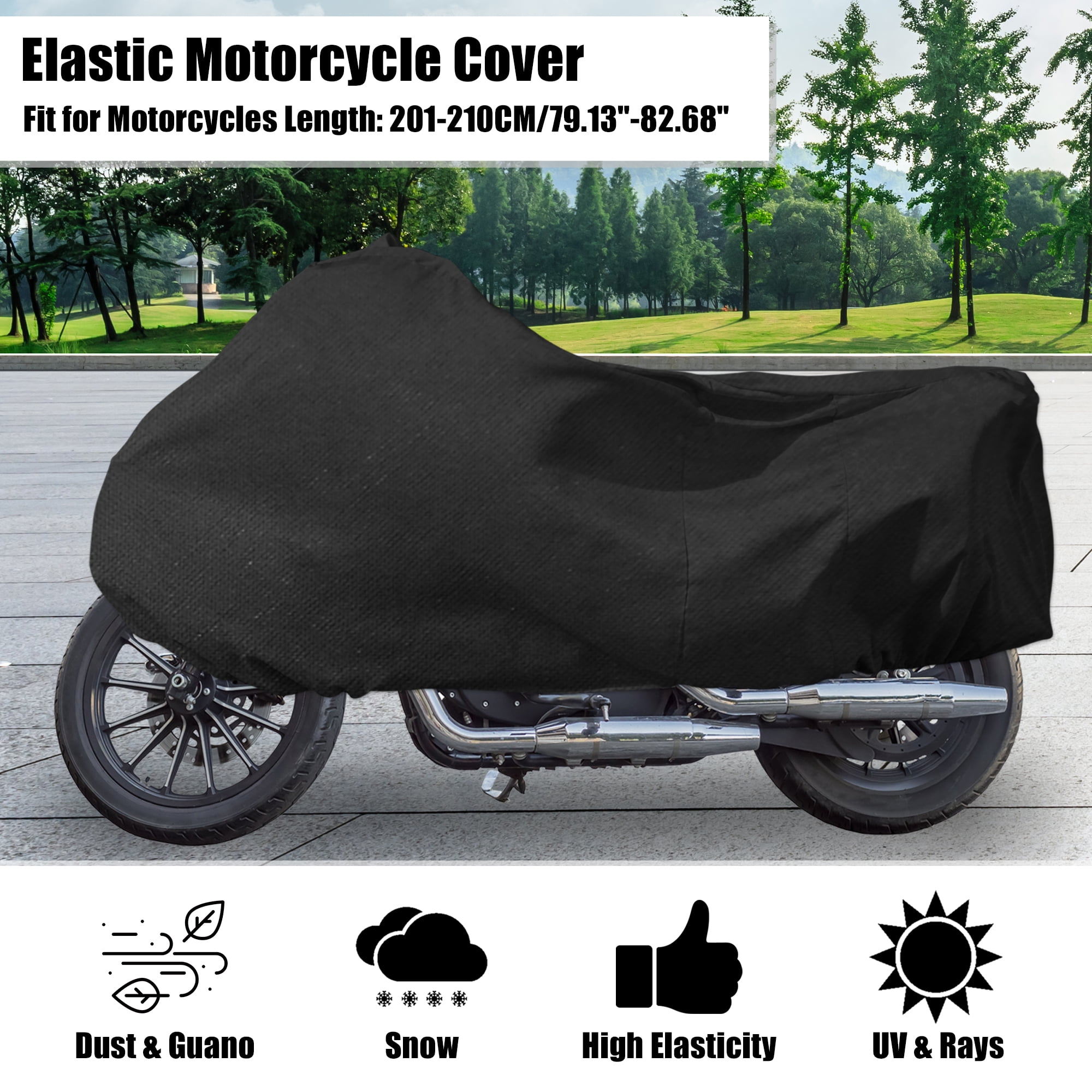 Unique Bargains Motorcycle Cover Stretch Elastic Fabric Indoor Dust Dirt Protector Cover Fits 79.13"-82.68" Motorbikes Black XL