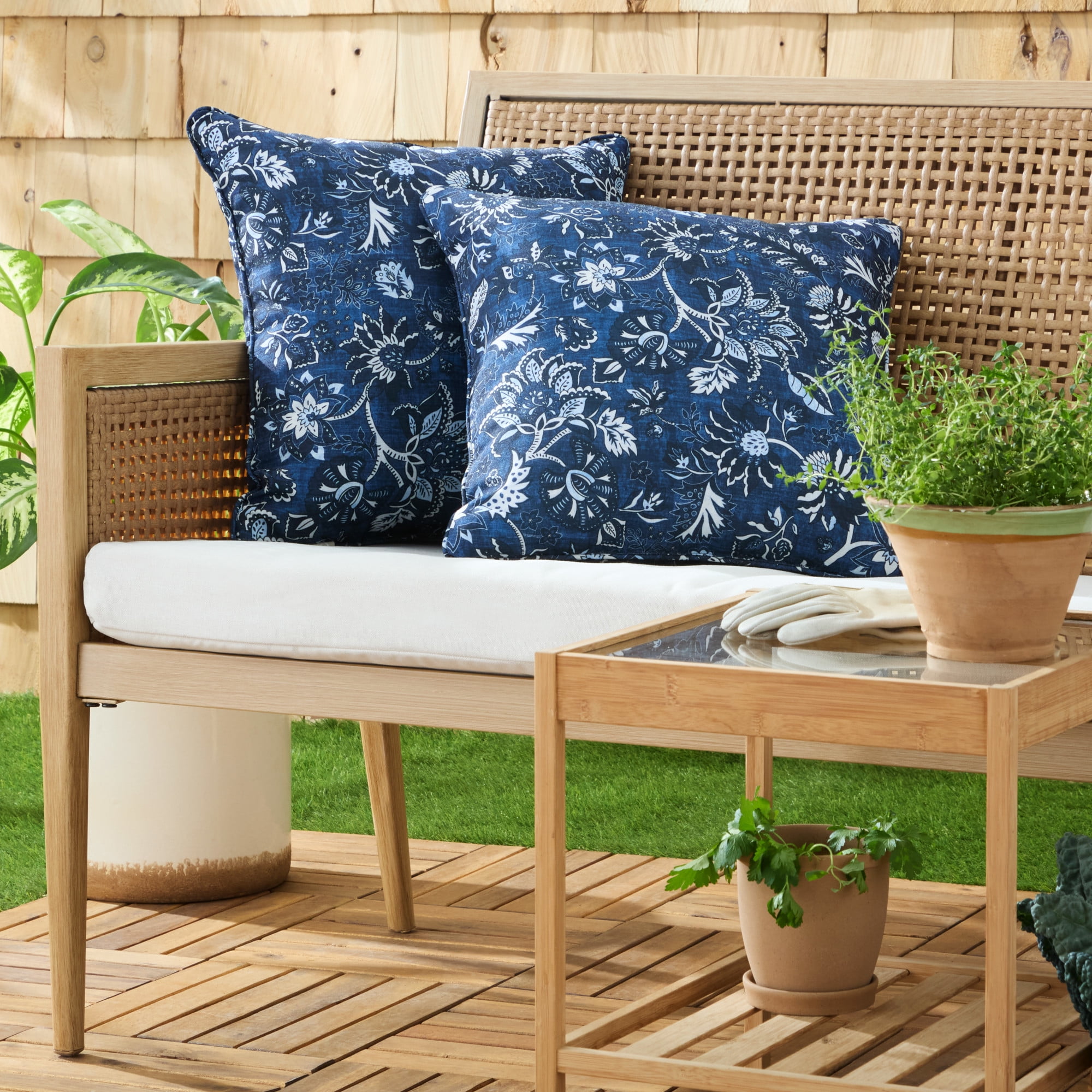 MARTHA STEWART Distressed Jacobean Indoor Outdoor Decorative Pillow 2-Pack Set, UV Fade Resistant, Water Repellent, Printed Floral Design, Navy Blue, 18"x18"