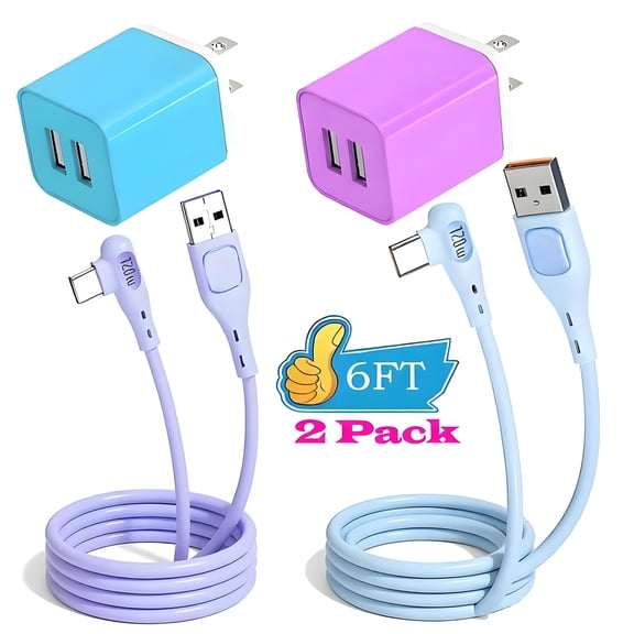 AlmosTen 2Pack Charger Block with Right Angle USB C Cable 6ft 120W Silicone USB Type C Charger Fast Charging High Speed Android Phone Charger Cord Compatible with iPhone15/16/17 Series
