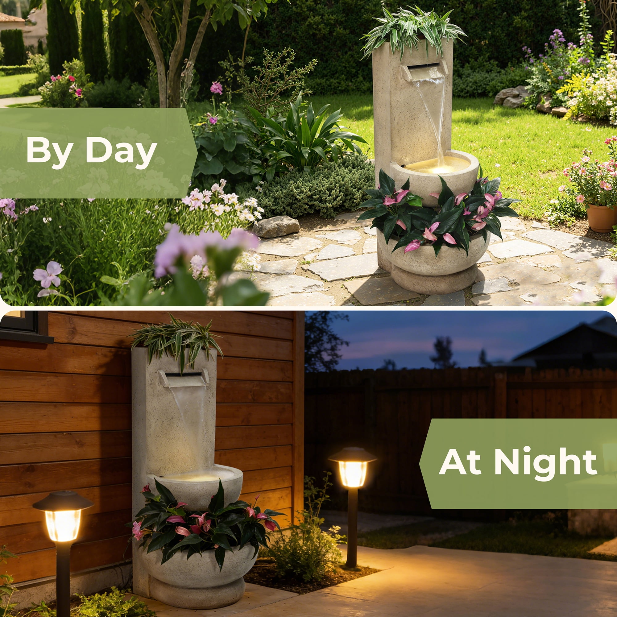 LuxenHome 2.7-Feet Tall Polyresin Fountain with Planter, Lighted Outdoor Water Feature