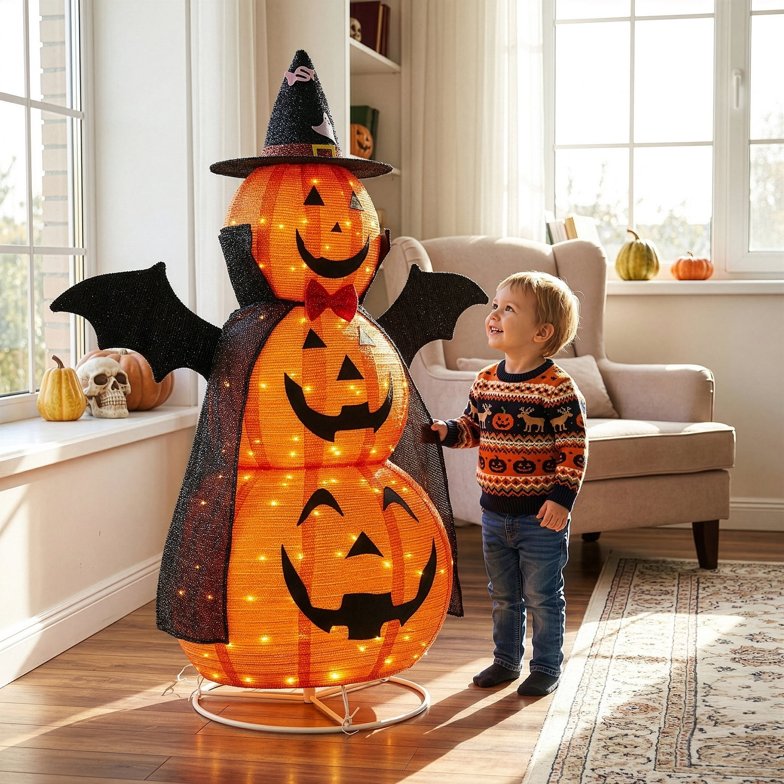 5ft Orange 3-Tier Retractable Fabric Pumpkin with 130 LED Lights for Halloween