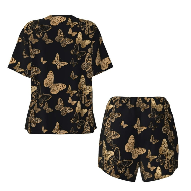 Rocae Modern Golden Butterfly for Two Piece Sleepwear Pajamas Sets for Women Soft Short Sleeved Pjs with Lounge Shorts Large