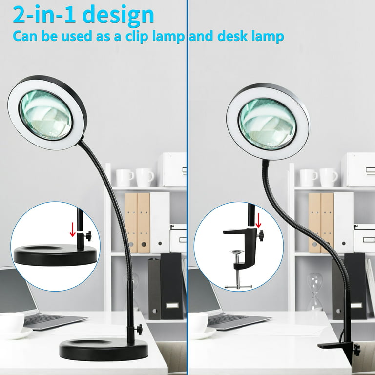 Magnifying Glass with Light and Clamp, 5X & 10X Magnifying Lens Desk Lamp  with 3 Color Modes, 72 pcs LED Beads, Adjustable Stepless Dimmable  Gooseneck