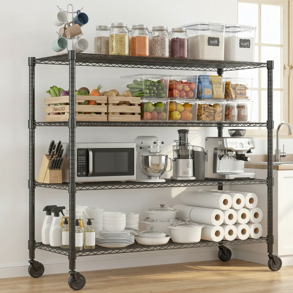Legooin 18x60x72 inch Industrial Garage Shelf with Wheels Storage Rack Heavy Duty Metal Shelving Unit for Industrial Residential Use, Black