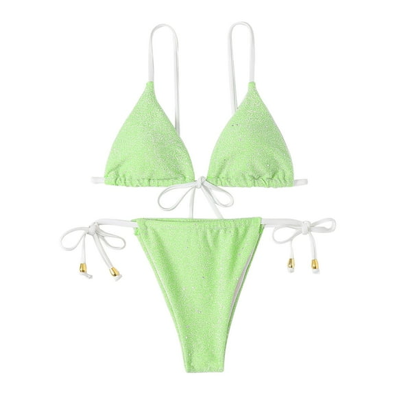 Women's 2 Bathing Suits Ring Bikini Set with Cover Up Skirt Green L