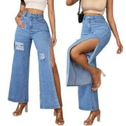 SCOMCHIC Female Baggy Jeans Stretchy Wide Leg Pants Ripped Slit Jeans S