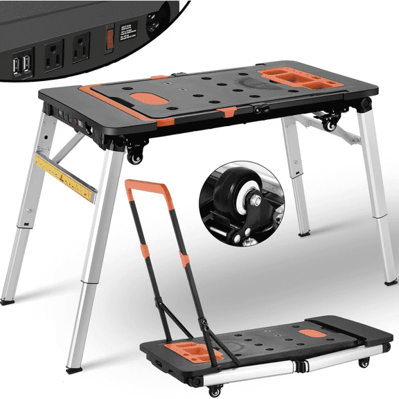 TLGREEN 7-in-1 Multifunctional Folding Work Table,  Portable Workbench for Garage, as Sawhorse, Scaffold, Platform, Car Creeper, Dolly with Wheels