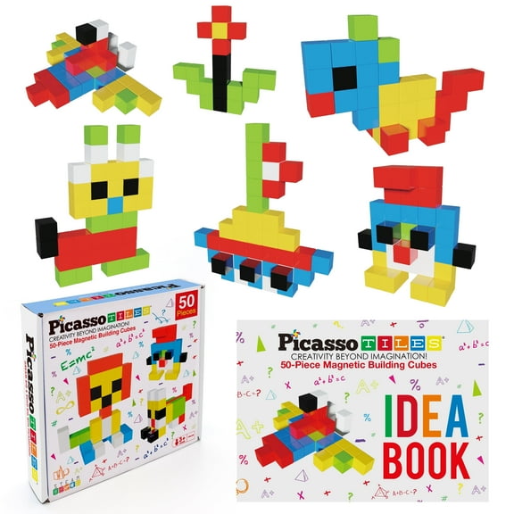 PicassoTiles 50PCS Kids 1" Pixel Magnetic Puzzle Cube Set, Mix & Match Building Blocks with Free Idea Book, STEAM Educational Sensory Toy Kit
